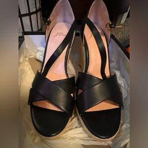 J Crew Black Leather strap espadrille wedge sandals.